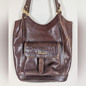 Brown Leather Shoulder Bag | Croc Embossed Pocket
